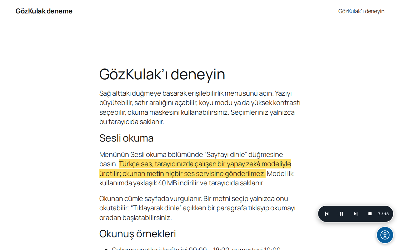 Doğal sesle okuma: okunan cümle sarıyla vurgulanmış, sağ altta önceki, duraklat, sonraki ve durdur düğmeleriyle 7 / 18 yazan küçük oynatıcı.