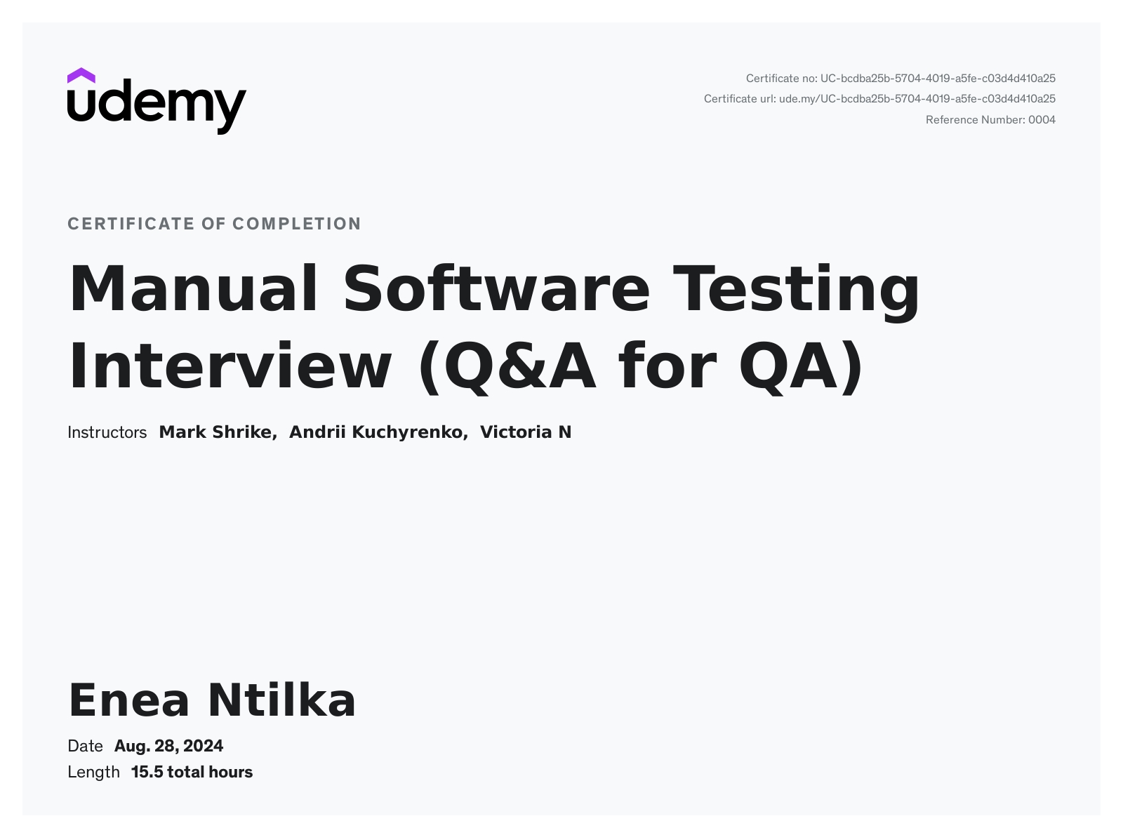 Manual Software Testing udemy certification