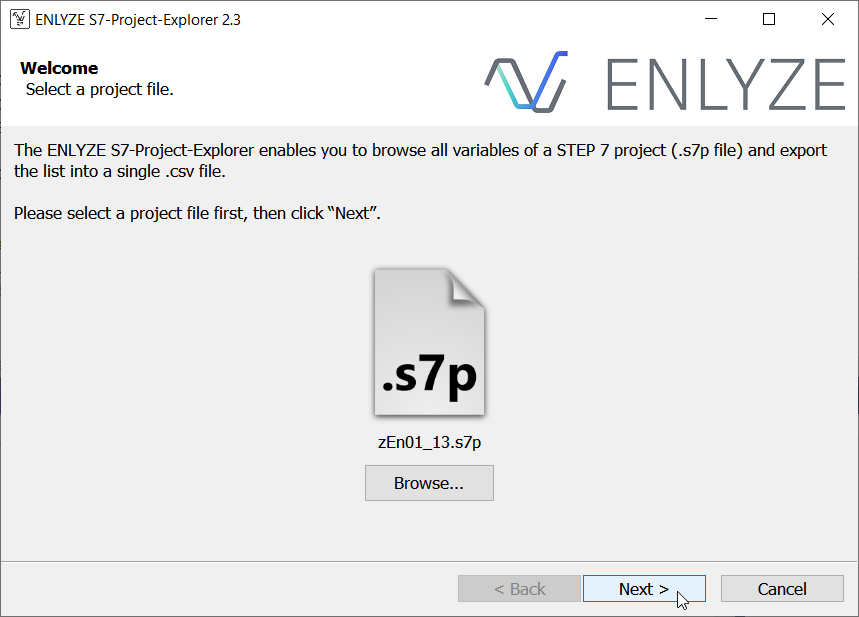 S7-Project Explorer GUI Step 1: Selecting a project file