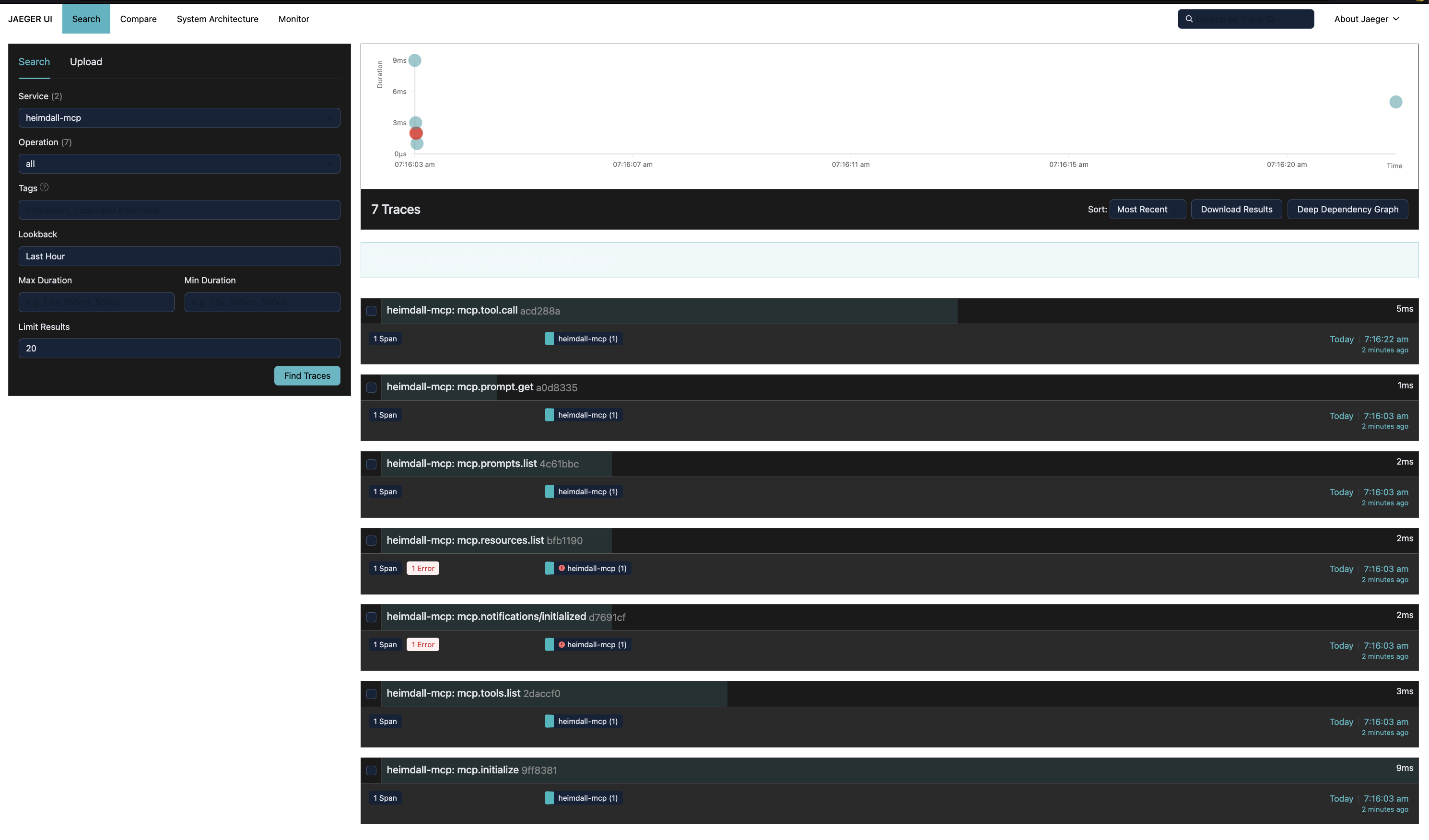 Jaeger UI showing heimdall-mcp traces