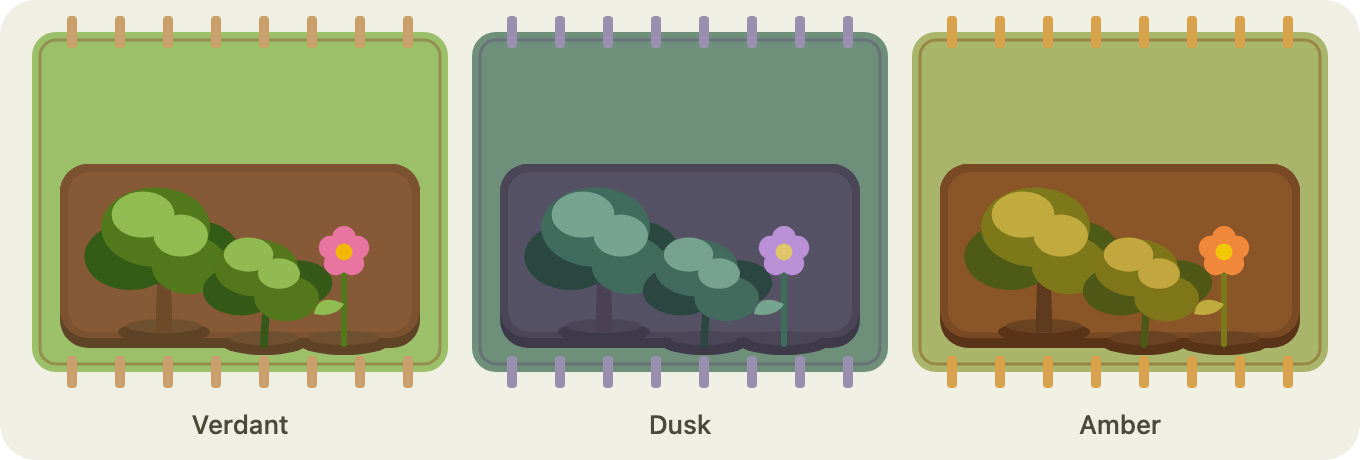 The garden in the Verdant, Dusk, and Amber themes