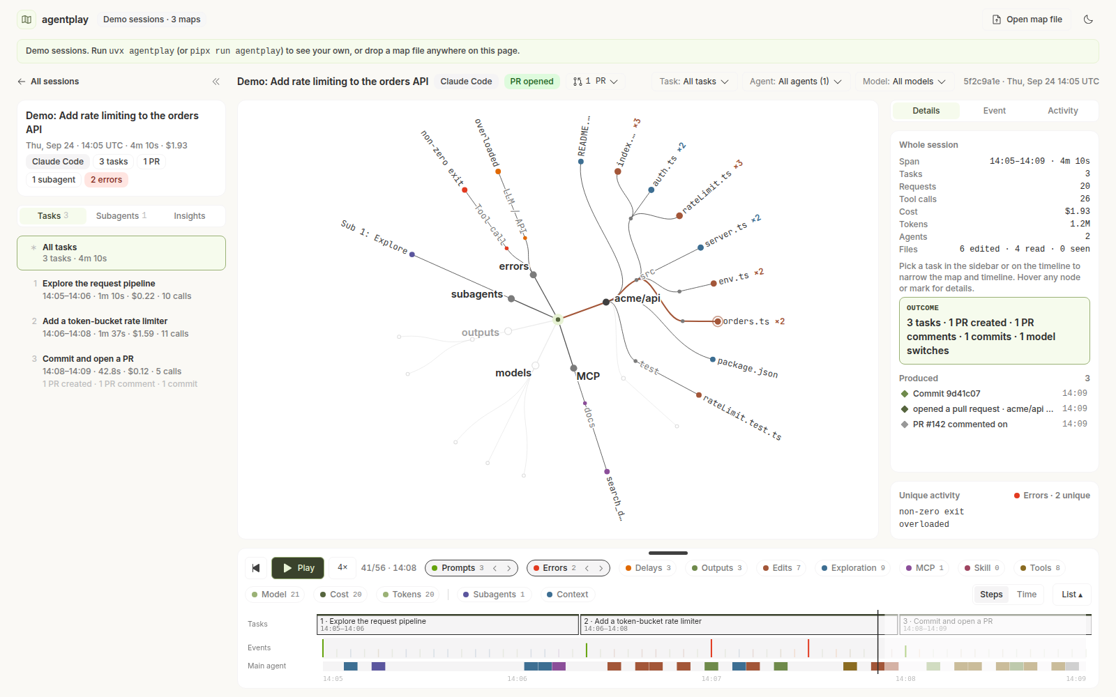The session explorer replaying a Claude Code session: a radial map of every file, tool, MCP server, subagent and model the session touched, the replay timeline underneath, and details on the right