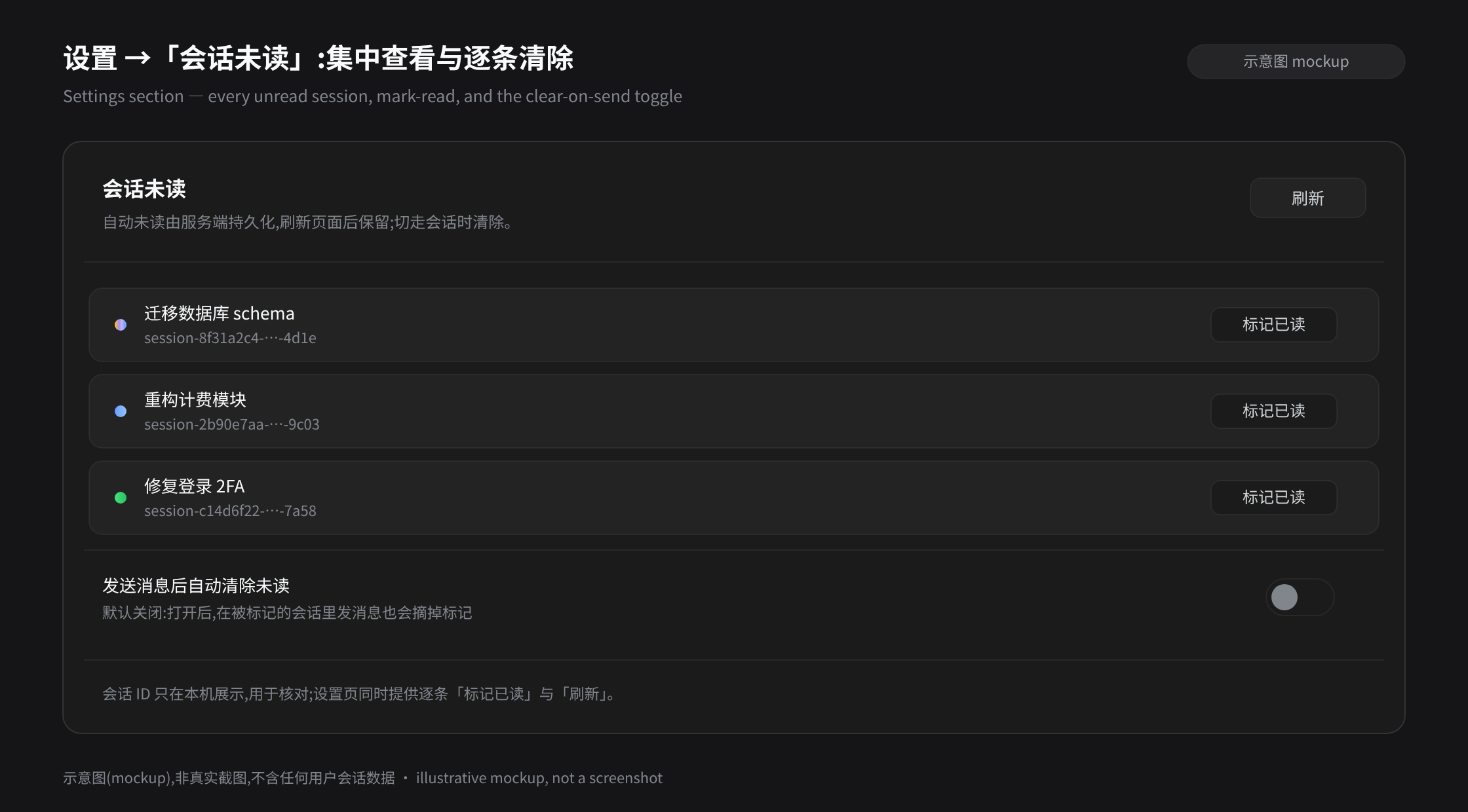 设置 →「会话未读」:列出全部未读会话、逐条标记已读、发送即清开关