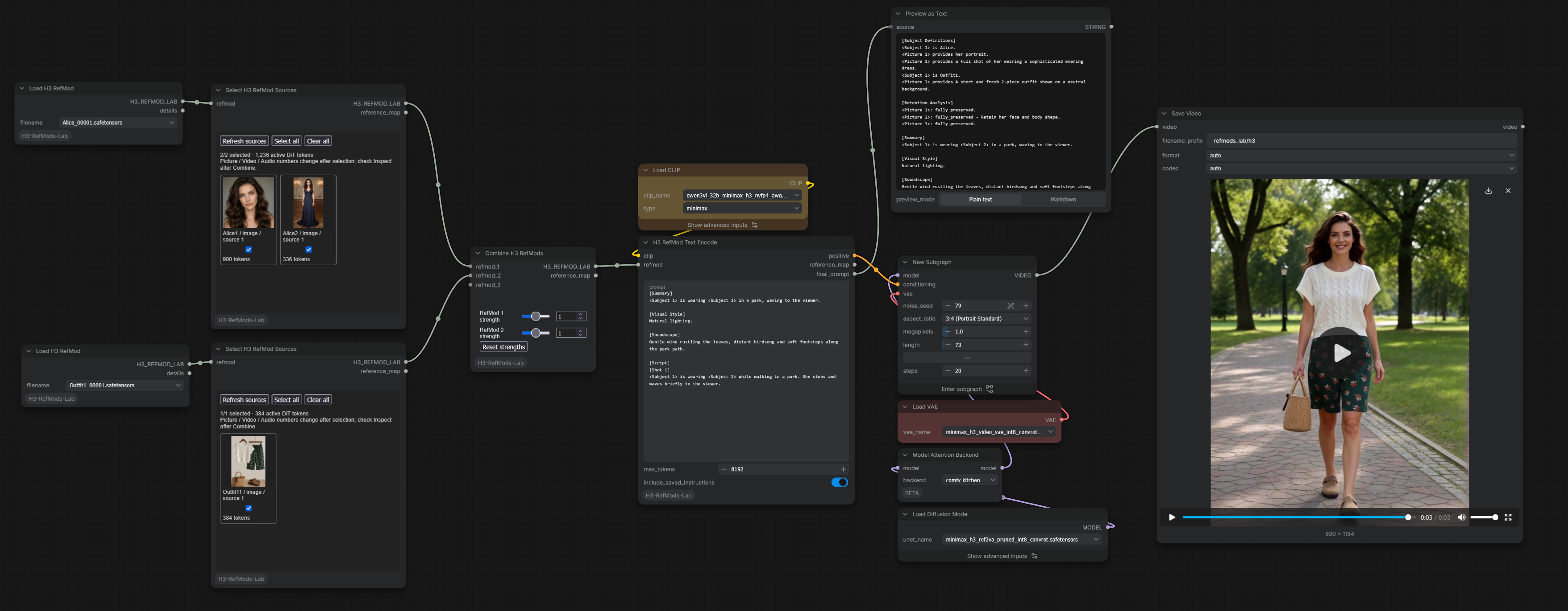 Select Alice and Outfit references, combine their strengths and generate video