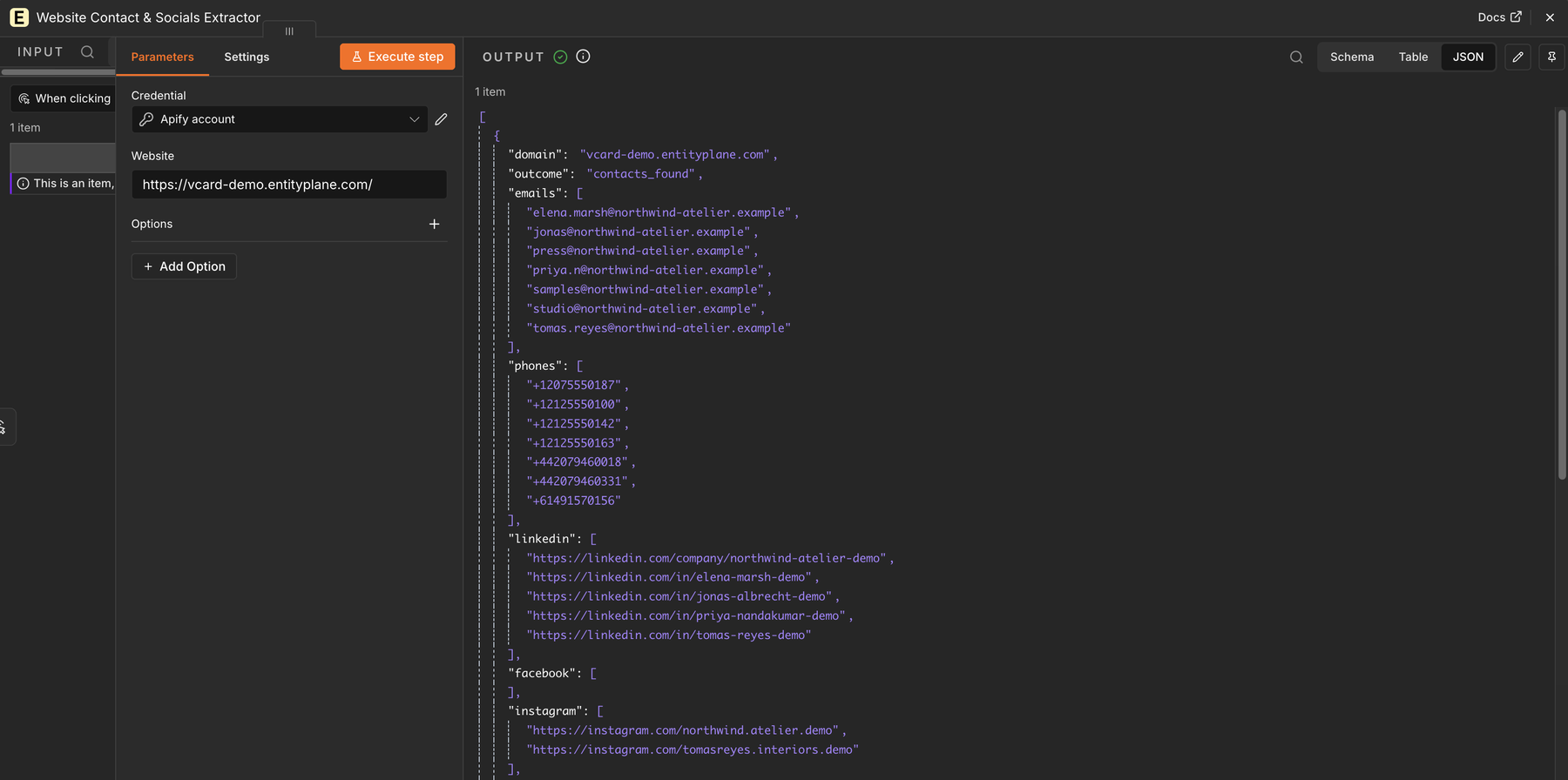 The node in n8n with a website as input and the emails, phone numbers and social profiles found on it as output