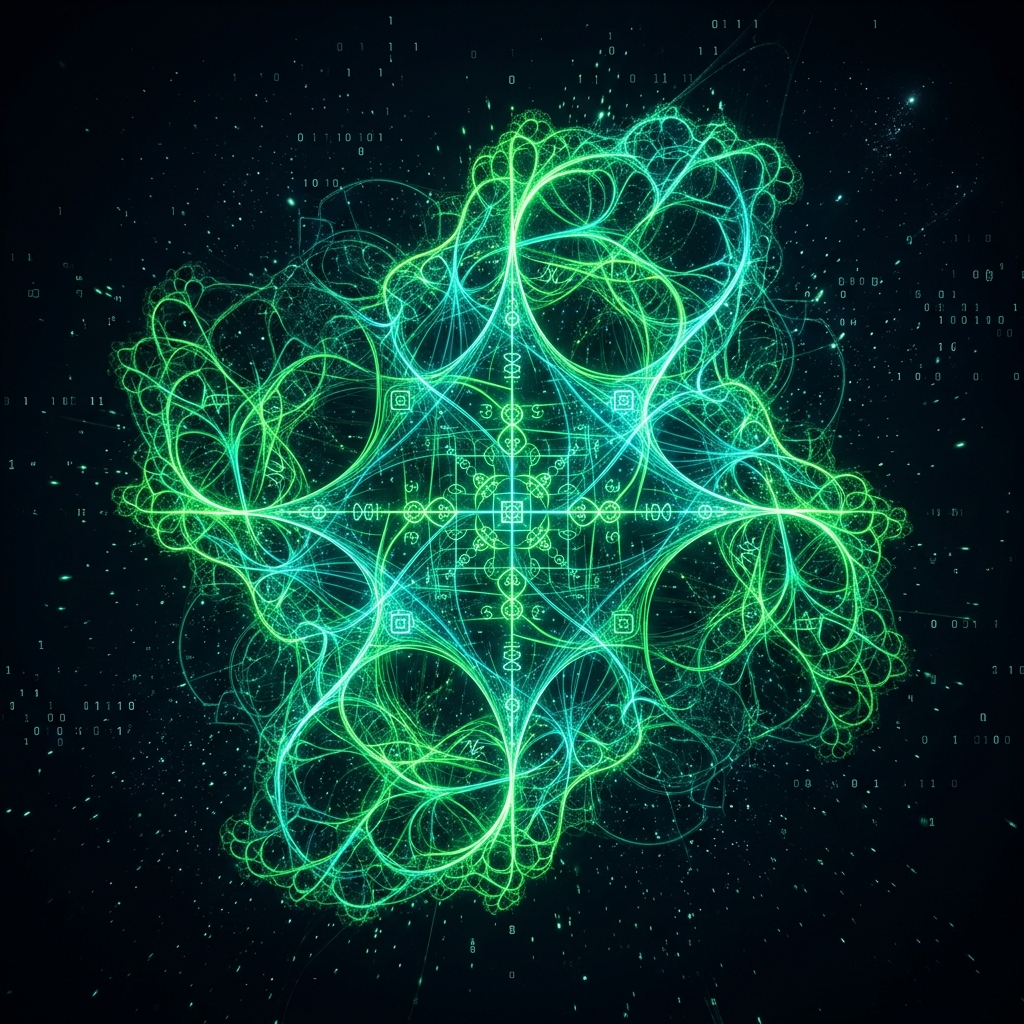 a cyber-garden fractal lattice representing digital growth and karma