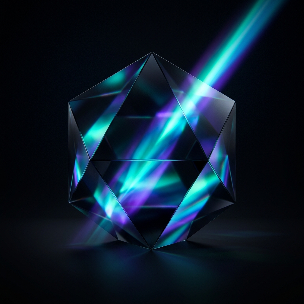 a glassmorphism prism refracting light in dark obsidian crystal