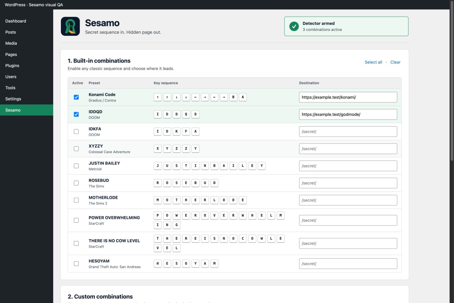 Sesamo settings with built-in and custom secret key combinations