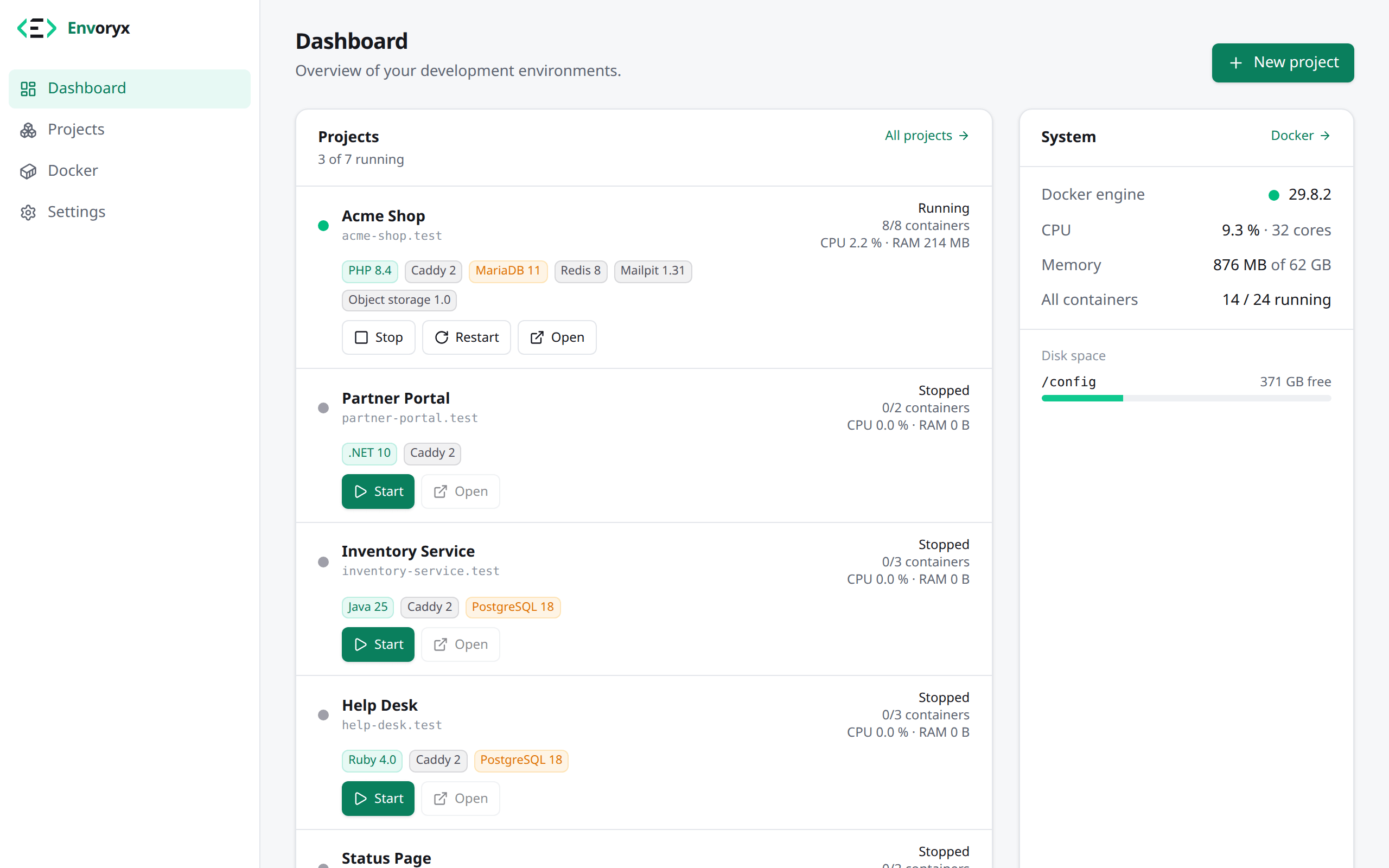 The Envoryx dashboard with four projects (PHP, .NET, Java and Ruby), their services, and the Docker engine's CPU, memory and disk space