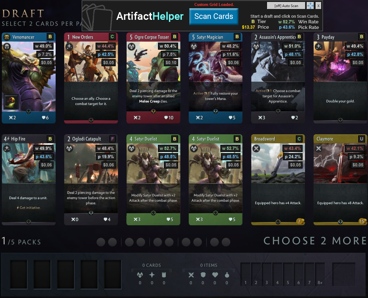 Artifact Helper showing card tiers, win rates and pick rates