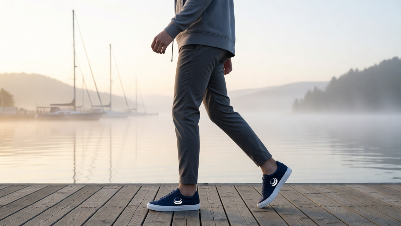 model wearing the navy canvas shoes on a misty harbor dock