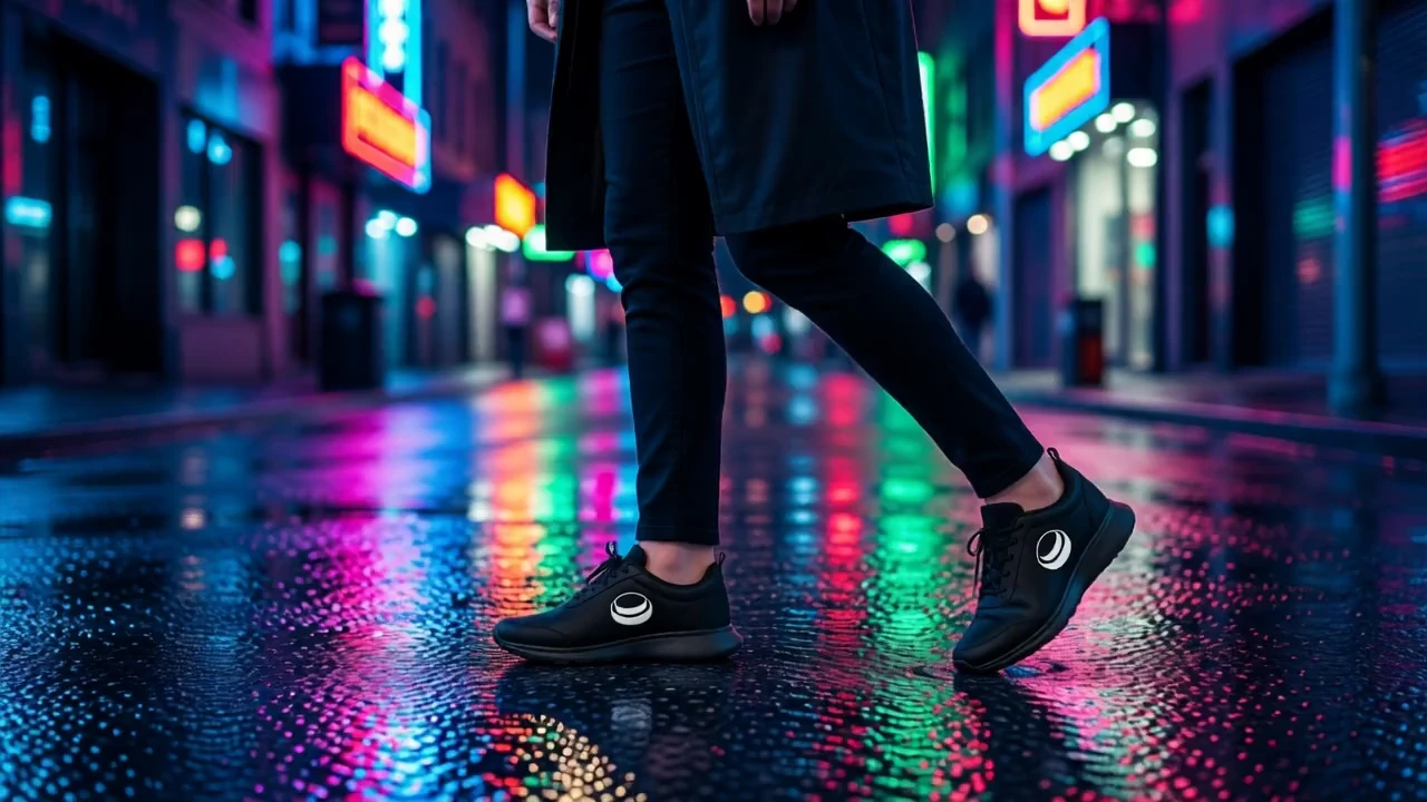 all-black runners on wet pavement neon