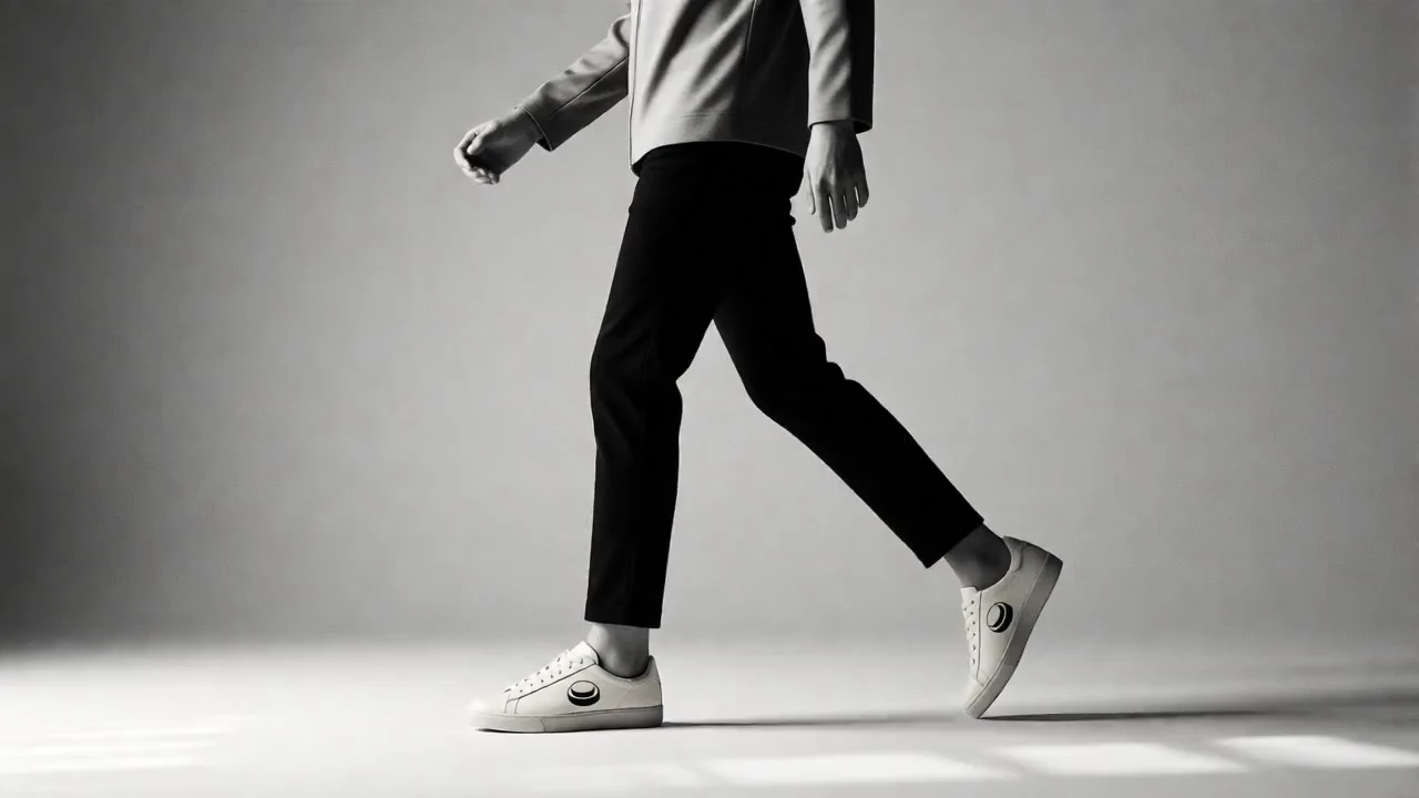 cream low-top in a minimalist studio, B&W film