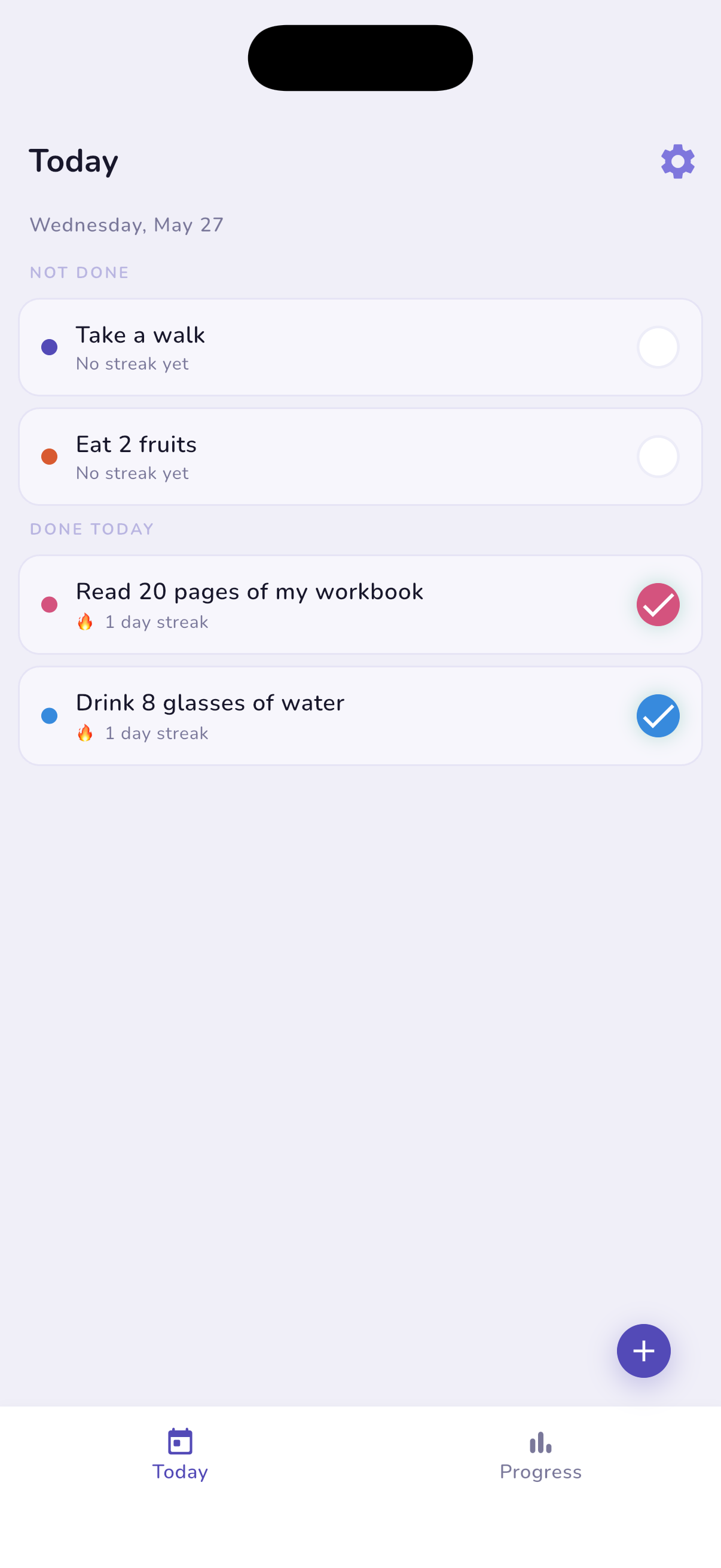 HabitTrack home screen showing active habits