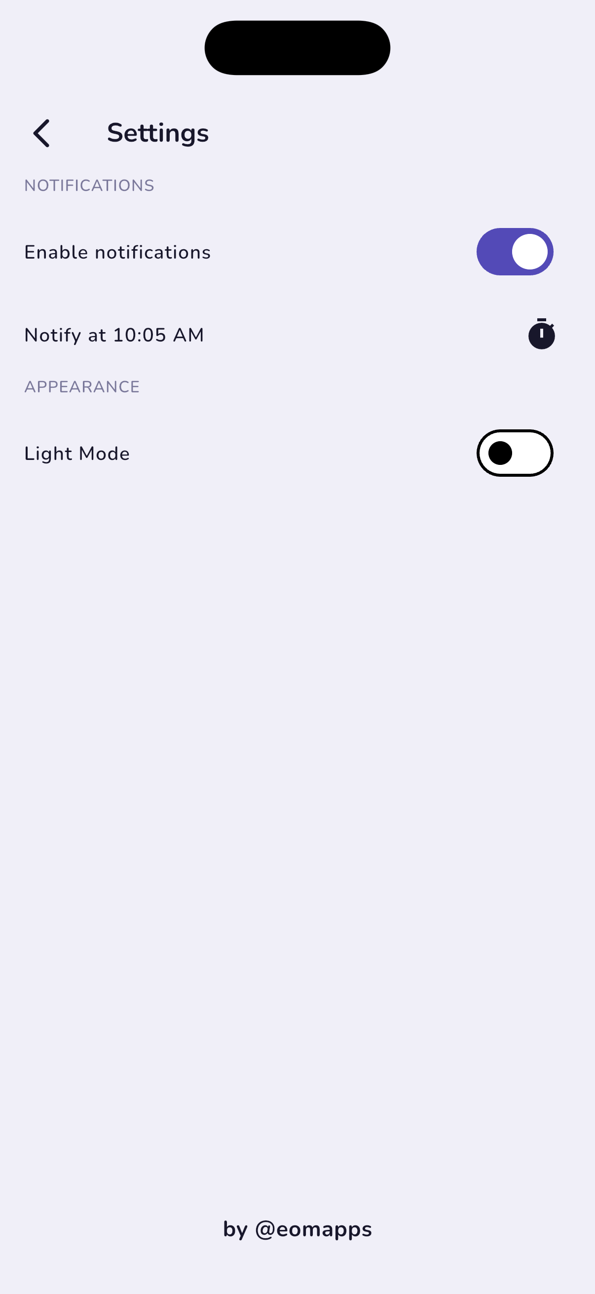 HabitTrack settings screen