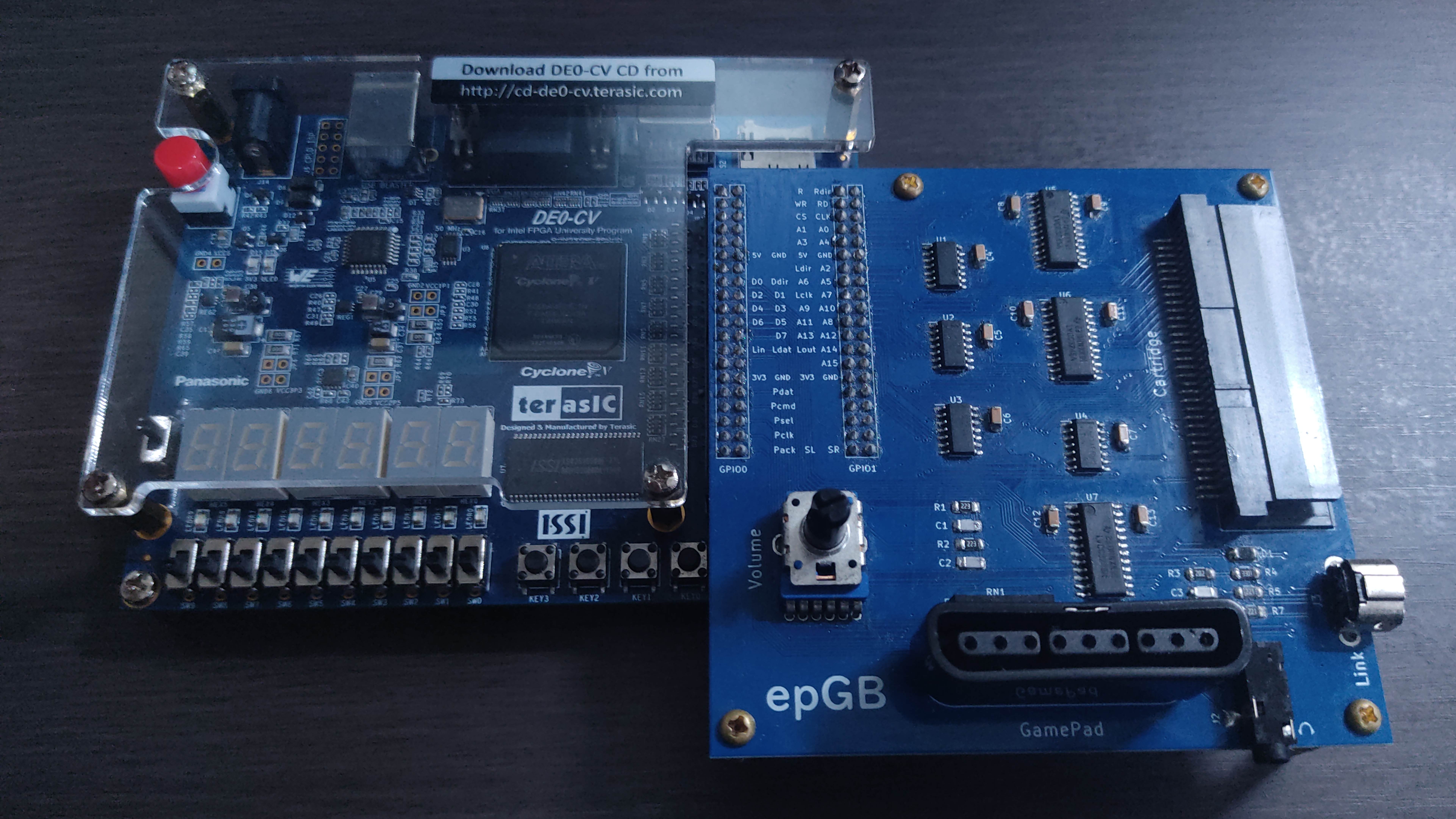 Terasic DE0-CV and my own board for connecting the FPGA and GB/GBC cartridges