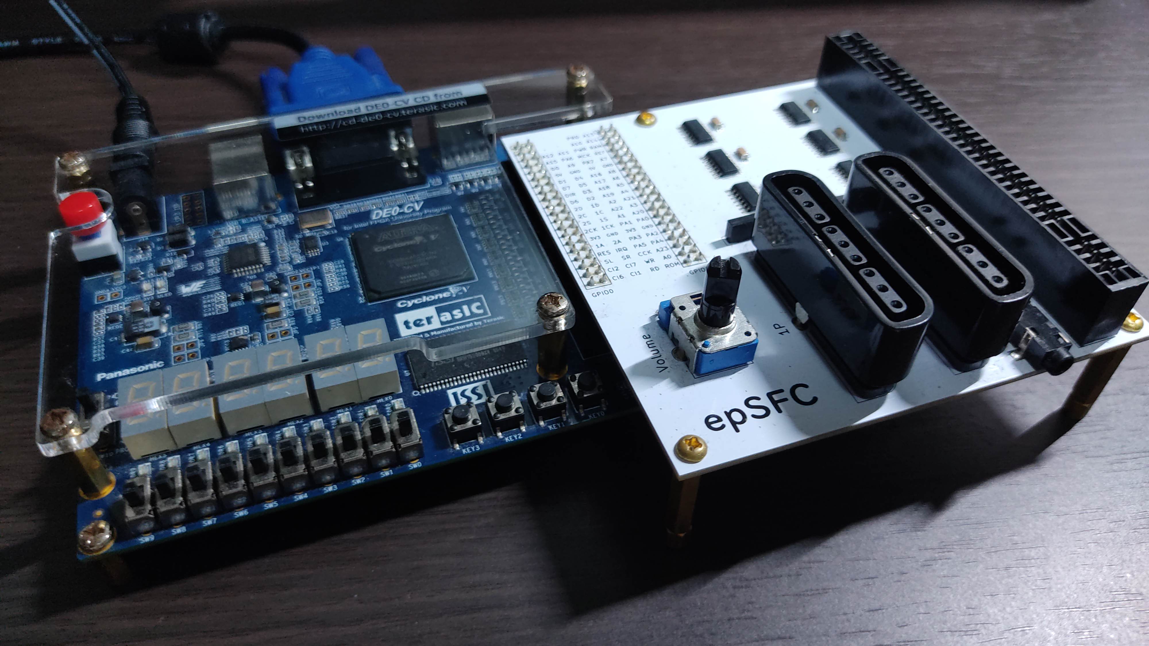 Terasic DE0-CV and my own board for connecting the FPGA and SFC cartridges