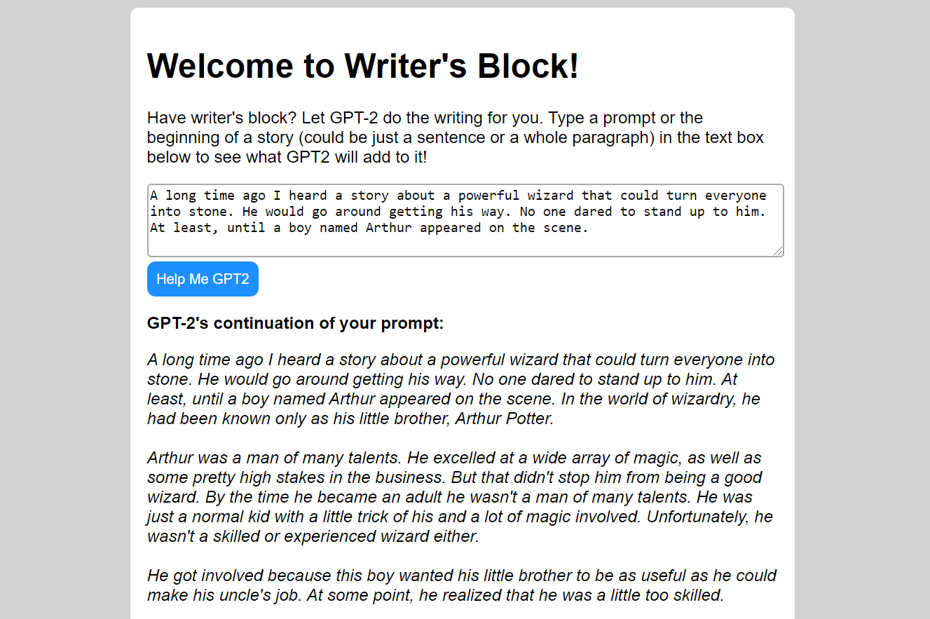 Entering a one paragraph example story prompt and seeing GPT-2's result in the web app UI