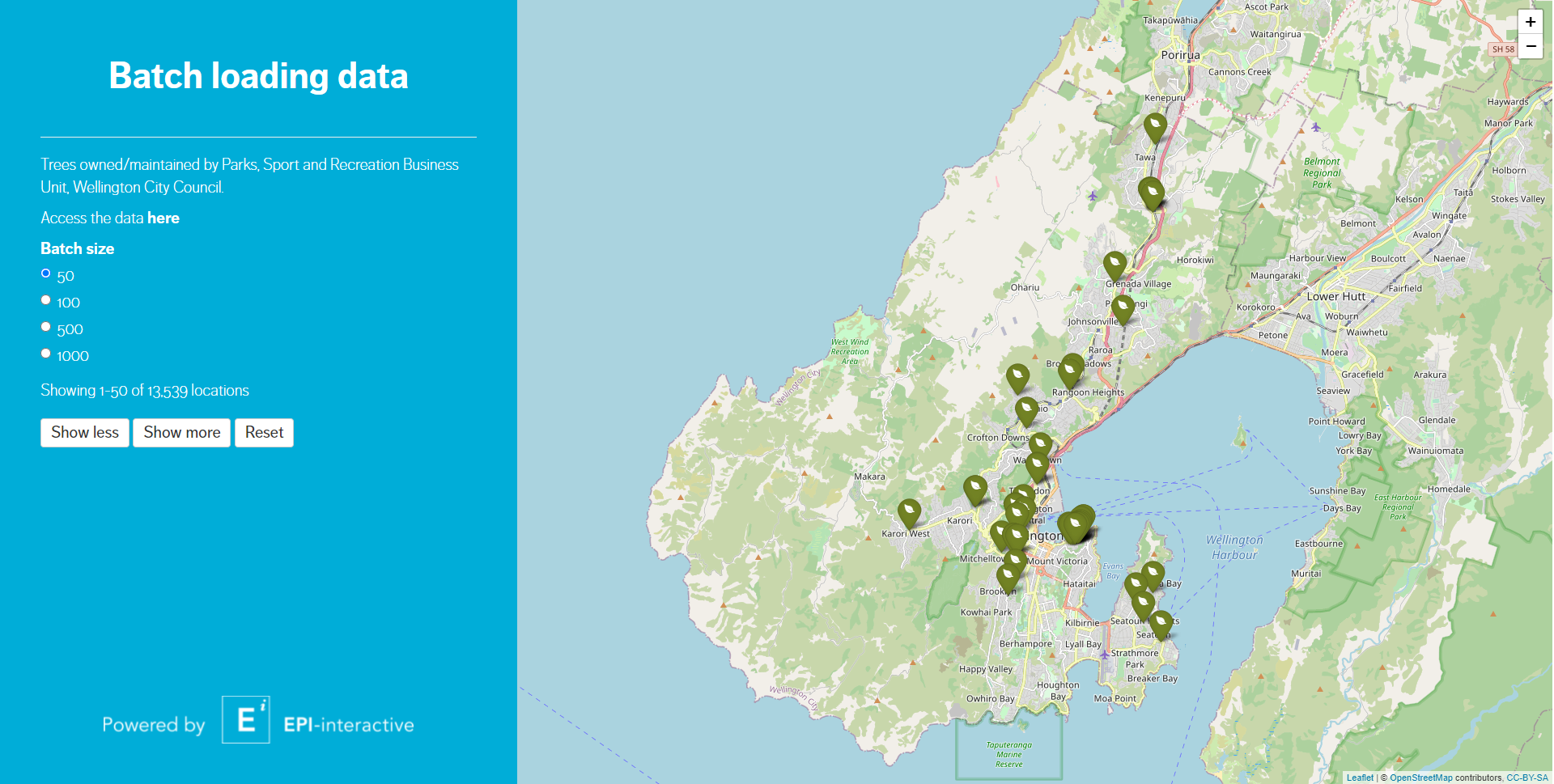 Screenshot of batch loading tool. Controls left, map of Wellington with green markers