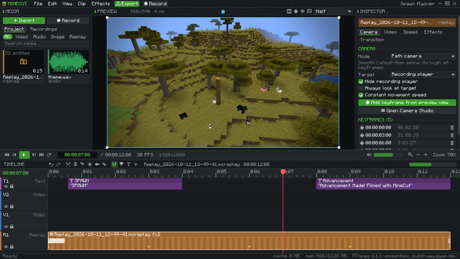 The MineCut editor with media library, preview, inspector and a multitrack timeline