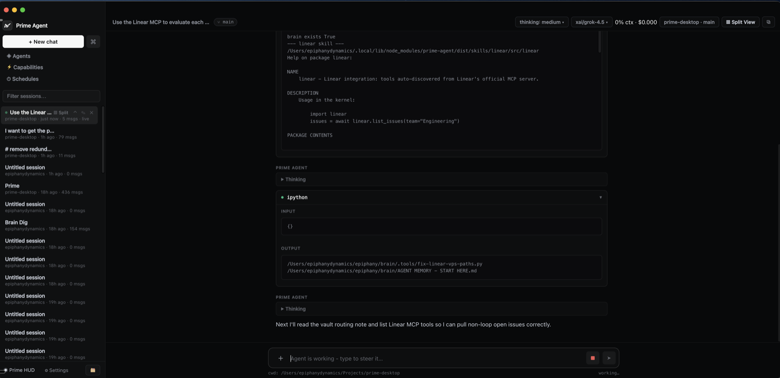 Prime Desktop's multi-pane agent interface. Open the linked screen recording to see the app in use.
