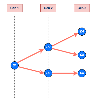 An example of a transmission chain starting with a single case C1. Cases are represented by blue circles and arrows indicating who infected whom. The chain grows through generations Gen 1, Gen 2, and Gen 3, producing cases C2, C3, C4, C5, and C6. The chain ends at generation Gen 3 with cases C4, C5, and C6. The size of C1’s chain is 6, including C1 (that is, the sum of all blue circles), and the length is 3, which includes Gen 1 (maximum number of generations reached by C1’s chain) (Azam & Funk, 2024).