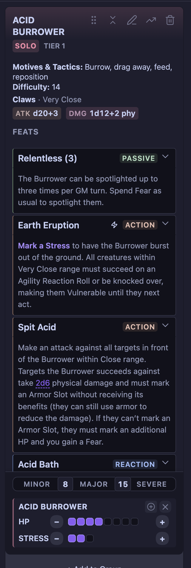 An adversary card with HP, Stress, conditions and expanded features