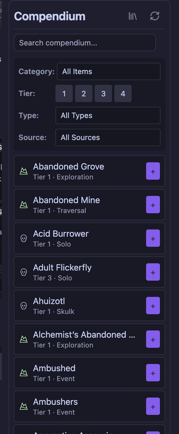 The compendium panel with search, category, type and source filters