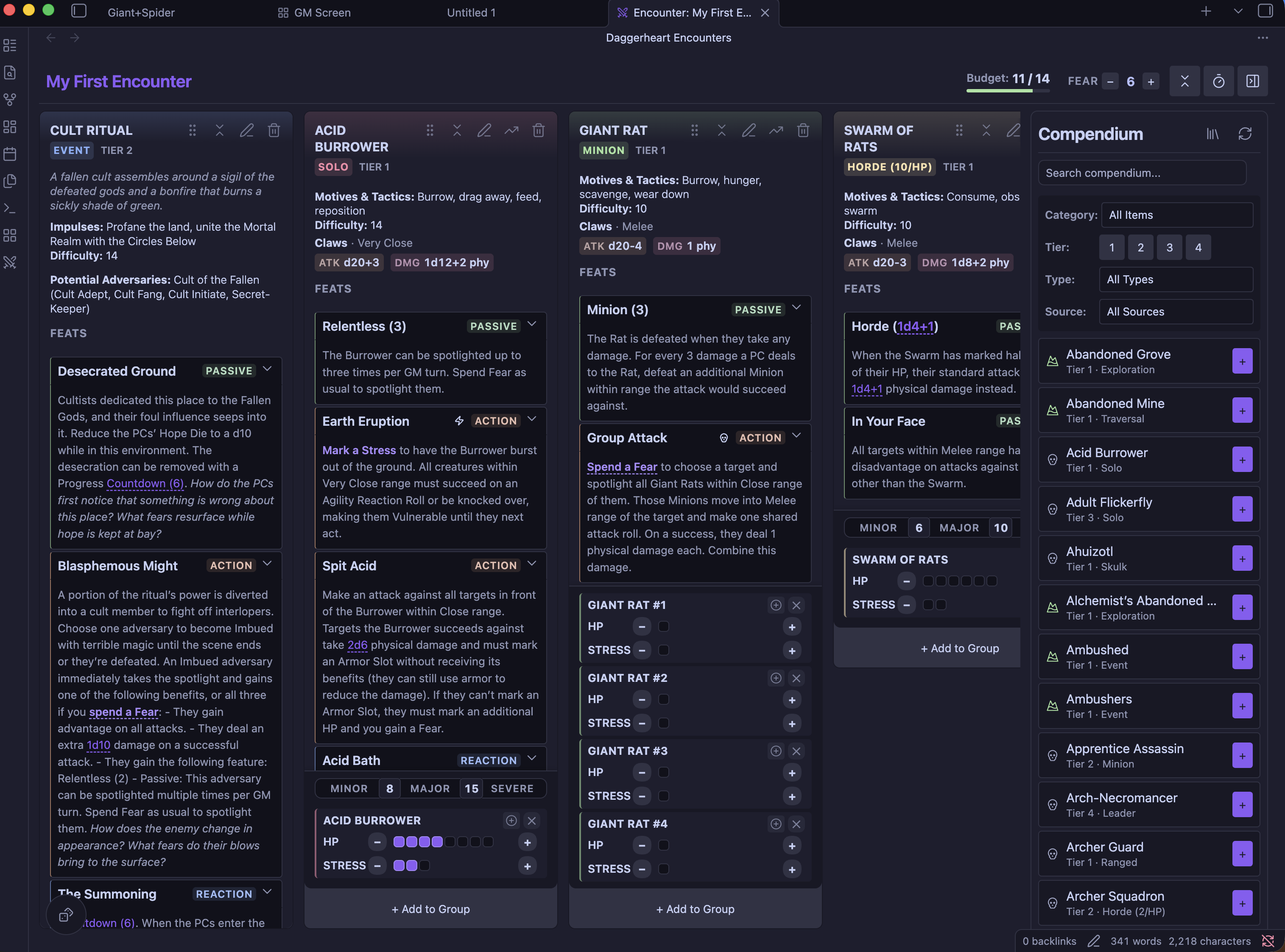 The encounter builder open in a side panel beside session notes