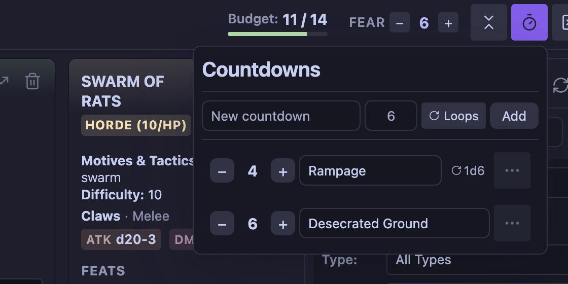 The encounter header showing the Fear tracker, budget bar and countdowns popup