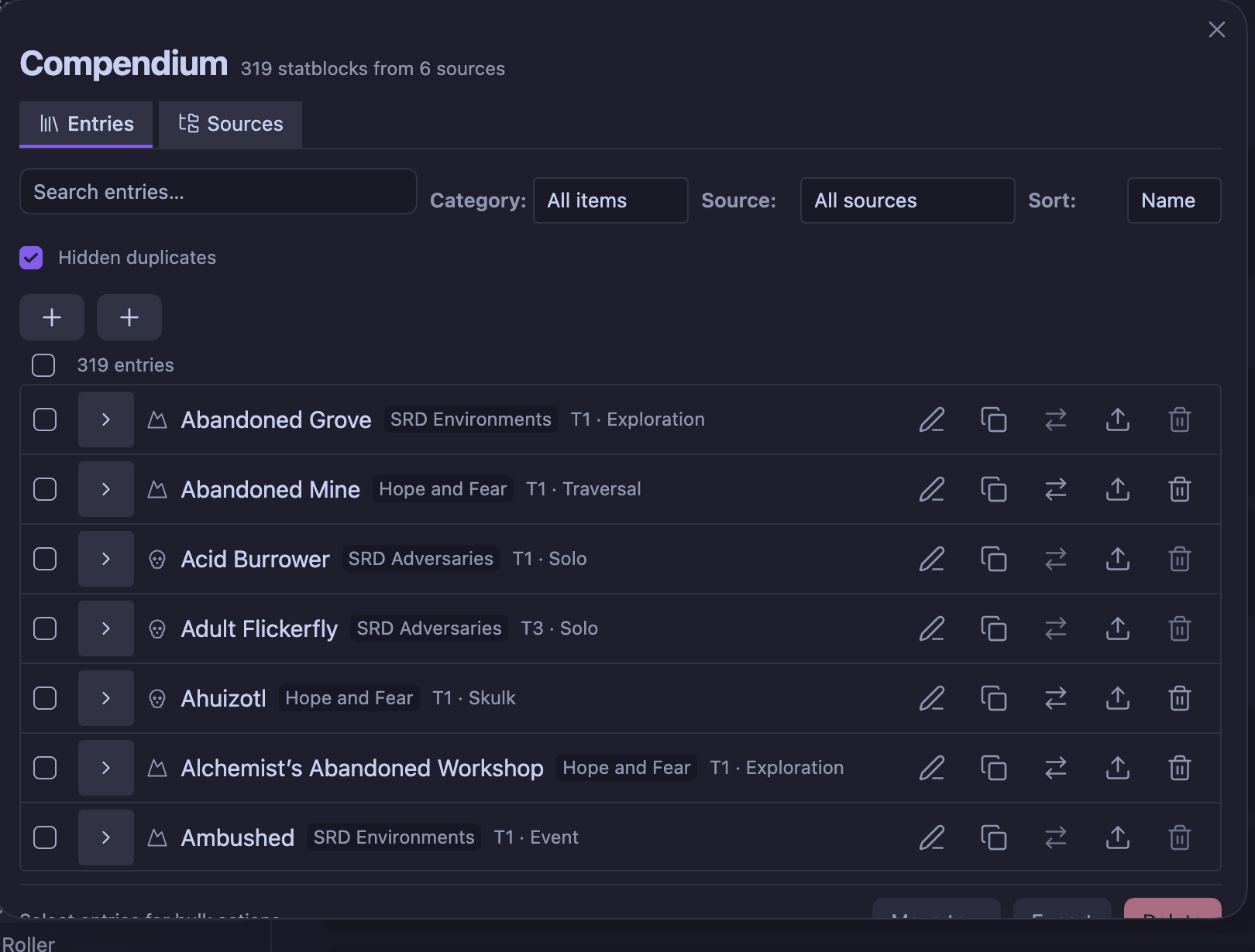 The compendium manager listing entries with their source and tier