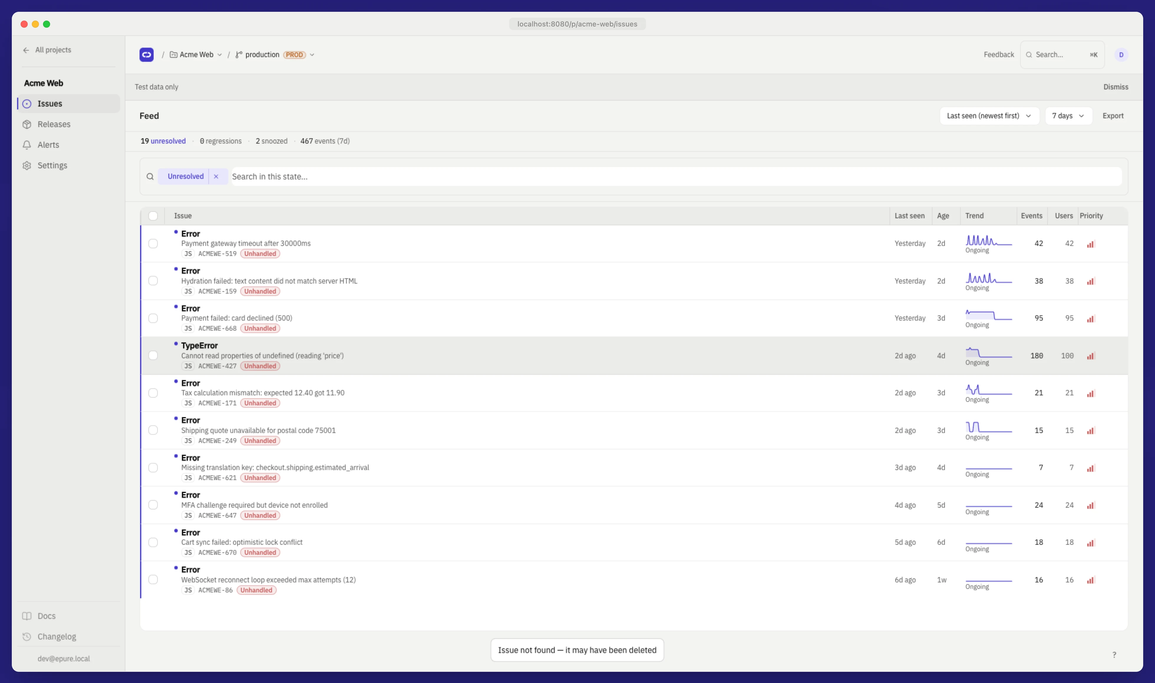 Epure Issues dashboard