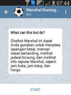 Pesan ketika pelanggan akan meng-add chatbot Marshal di Telegram