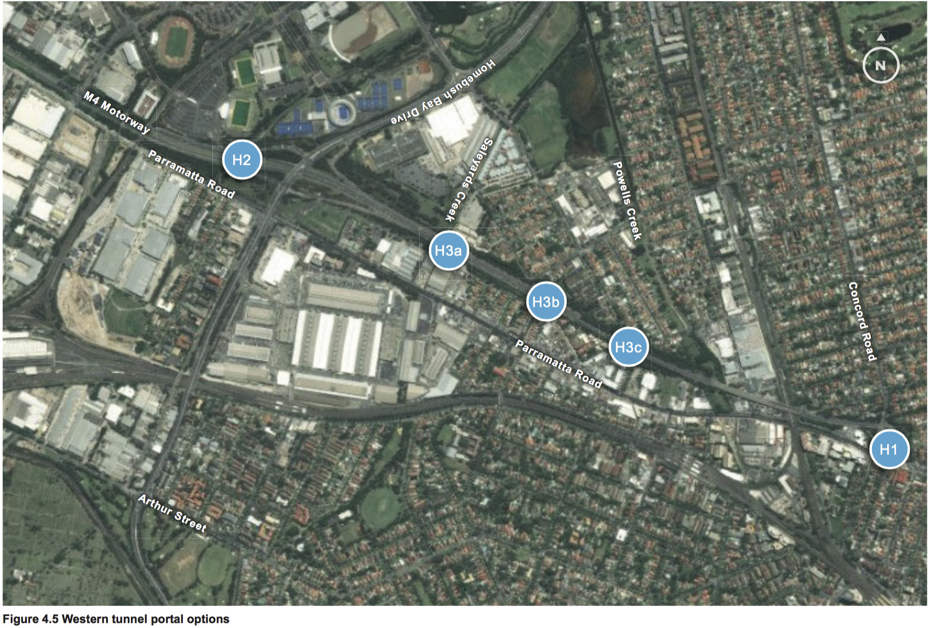 Aerial photo graph showing locations of different tunnel portal options