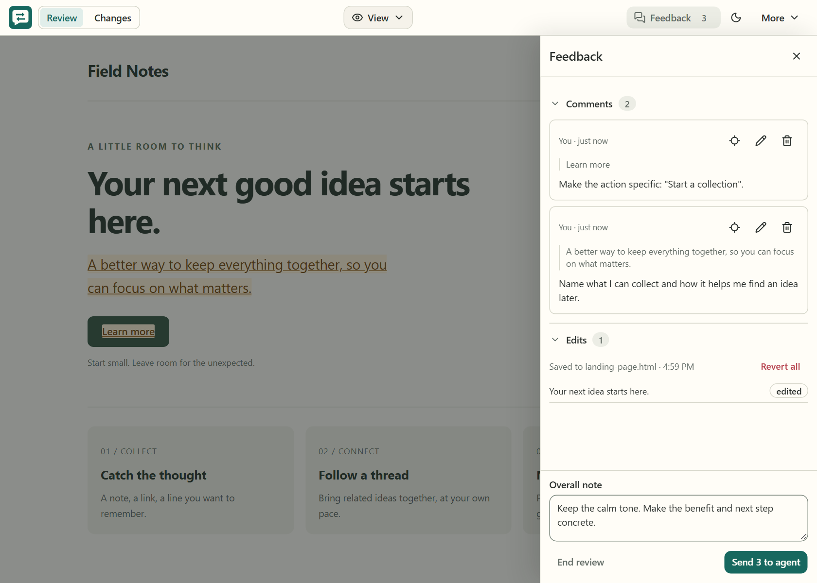 The Feedback panel with separate Comments and Edits sections, an overall note, and End review beside Send to agent