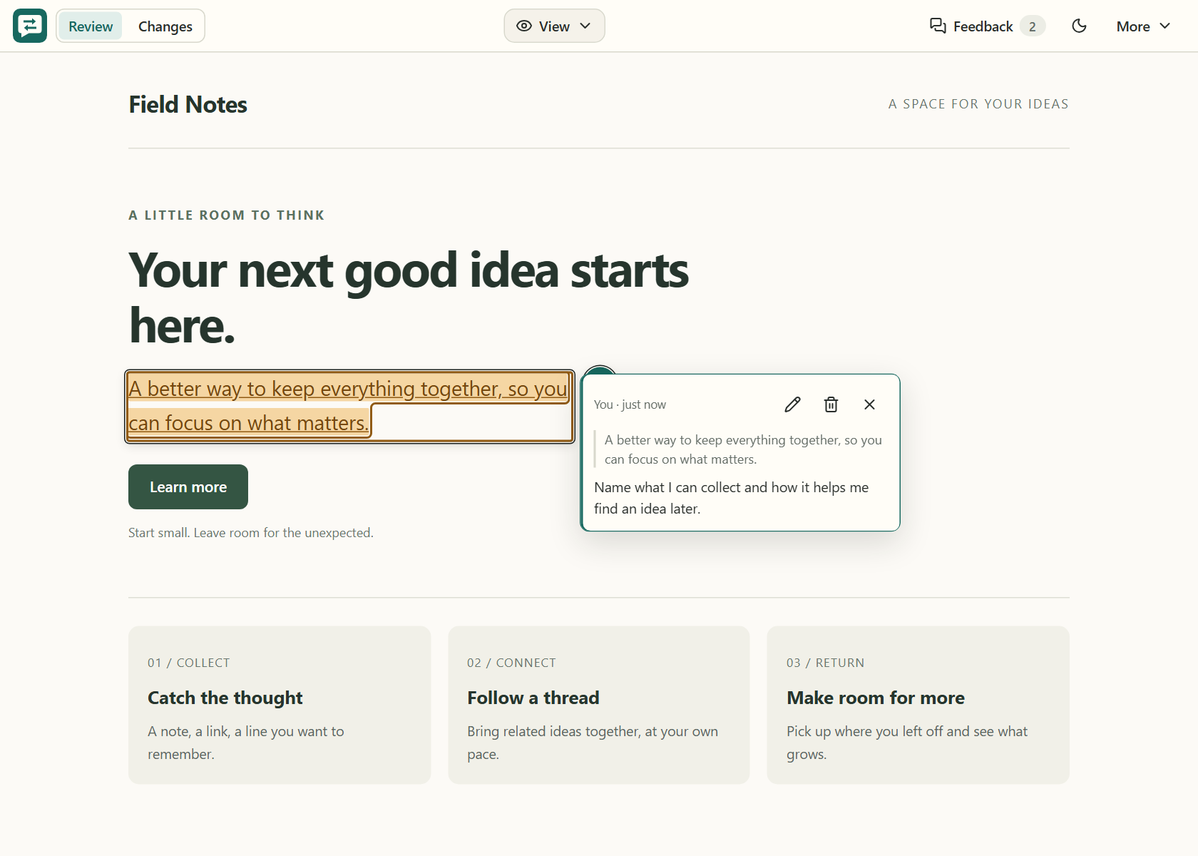 The Field Notes landing page in Review, with highlighted copy and an anchored comment asking for a concrete benefit