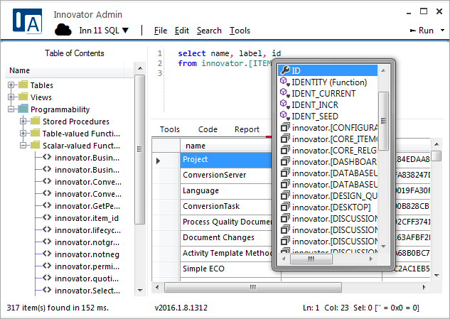 Innovator Admin screenshot: SQL