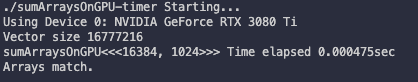 sumArraysOnGPU-timer 1024 thread