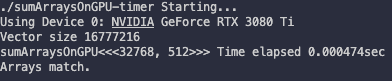 sumArraysOnGPU-timer 512 thread