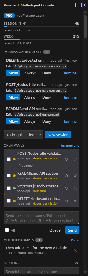 The Paneherd sidebar: usage limits, the permission inbox with Allow, Always and Deny, open panes with their status, and the task queue