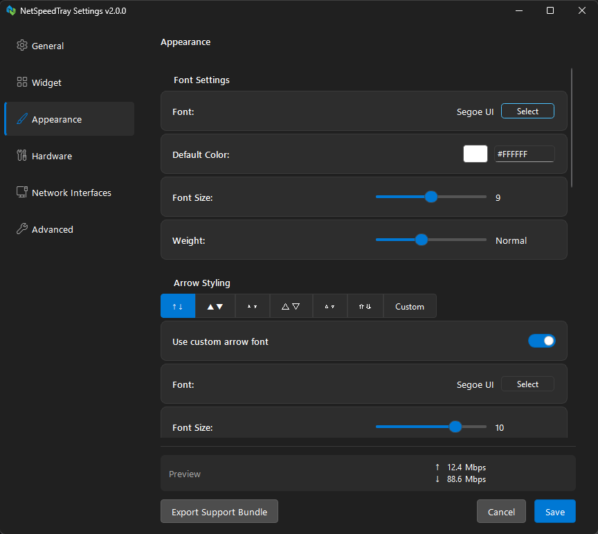 NetSpeedTray Settings - Appearance page