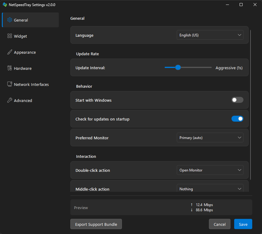 NetSpeedTray Settings - General page