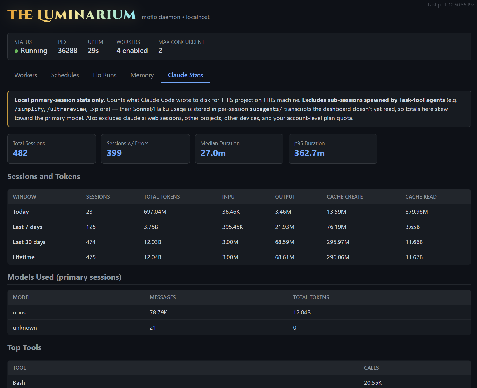 The Luminarium's Flo Runs tab — recent epic-single-branch and epic-resume-check runs broken down step by step with type, status, duration, and error columns