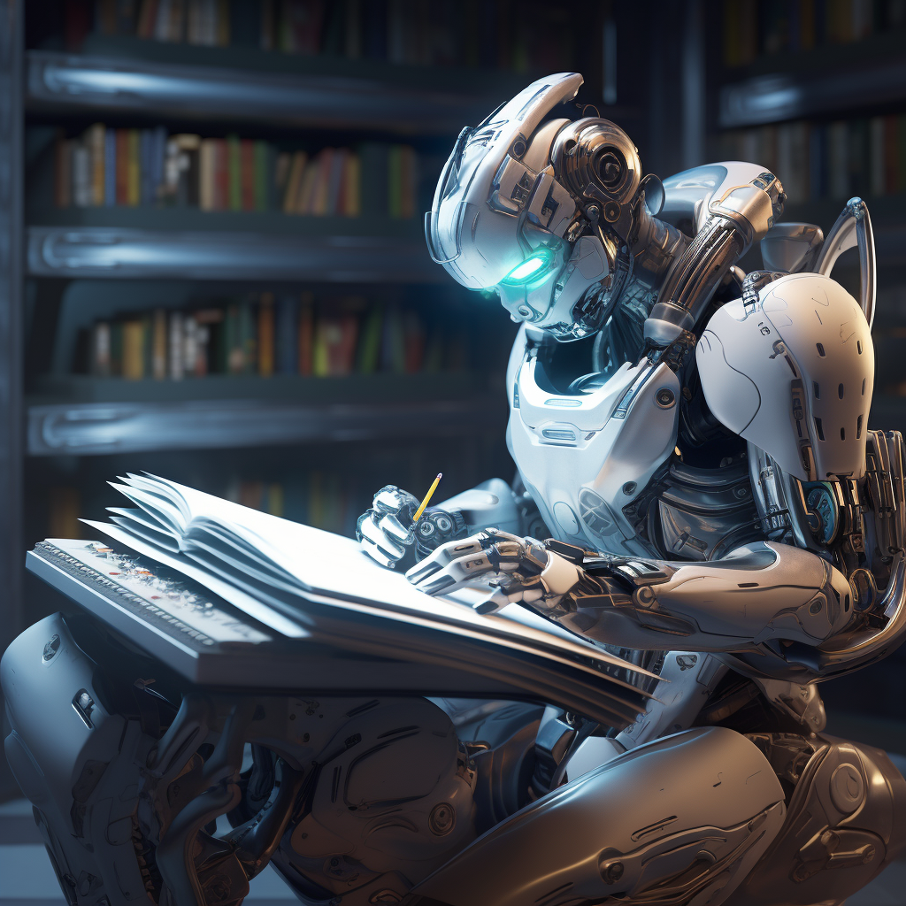 A robot is memorizing knowledge from books.