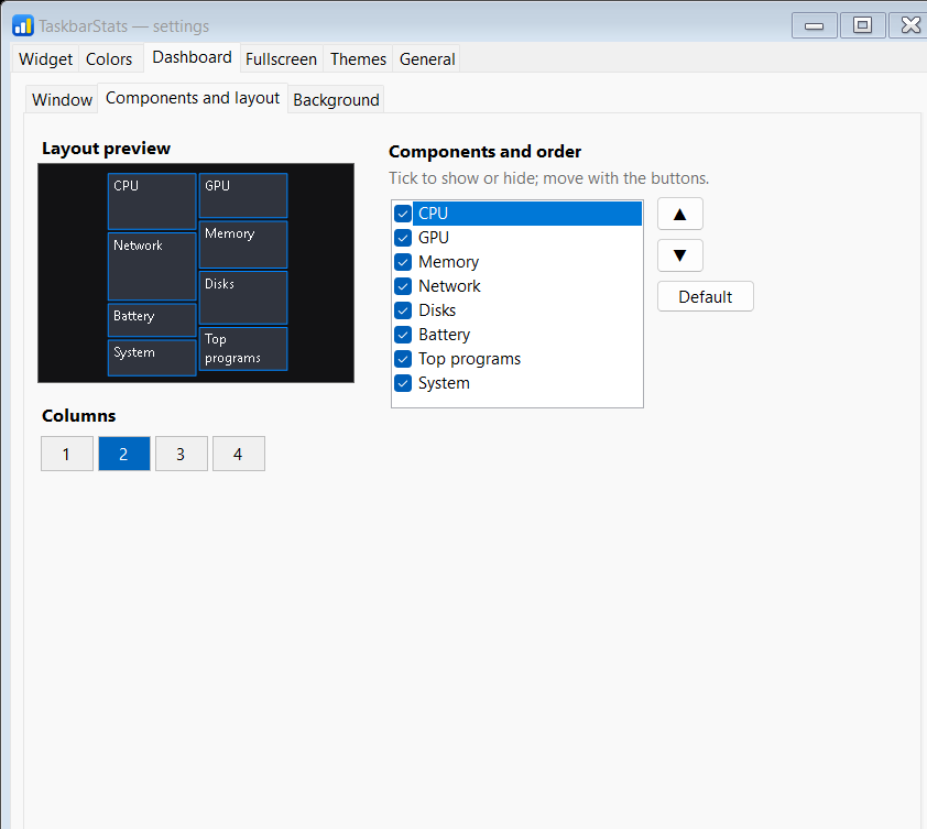 Settings: dashboard with order