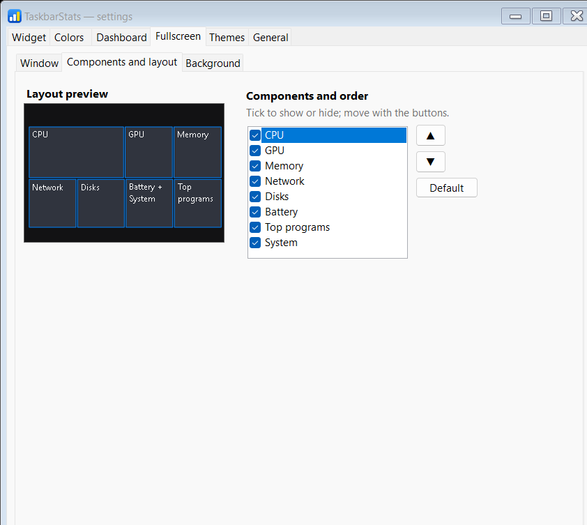 Settings: fullscreen with a preview of the layout
