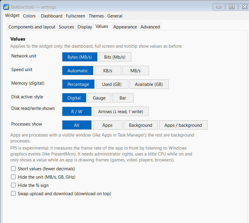 Settings: widget, Values subtab (processes, FPS, disk labels)
