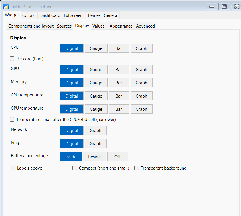 Settings: widget, Display subtab