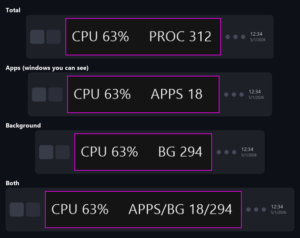 Processes: total, apps, background, both