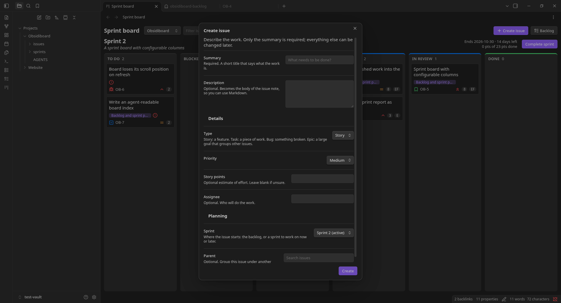 The create issue form